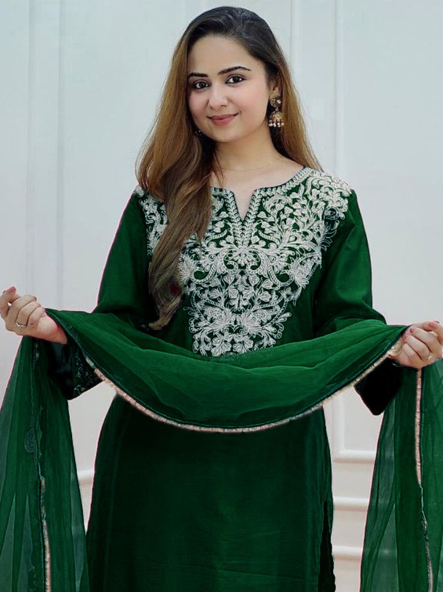 Green Pure Rayon Kurta pant and Dupatta set